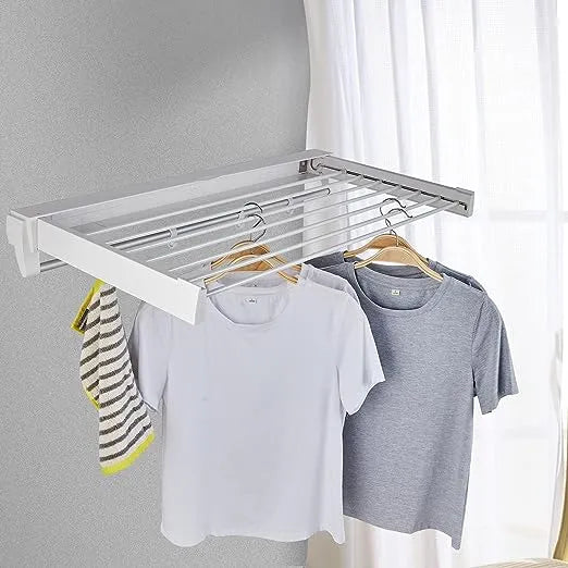 Foldable Wall Mounted Clothes Drying Rack with Hooks - 80cm
