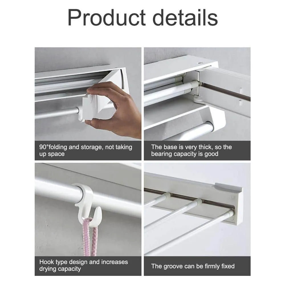 Foldable Wall Mounted Clothes Drying Rack with Hooks - 80cm
