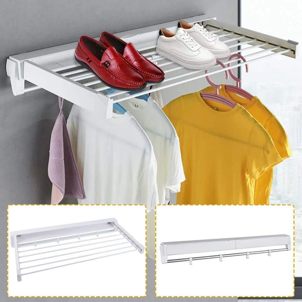 Foldable Wall Mounted Clothes Drying Rack with Hooks - 80cm