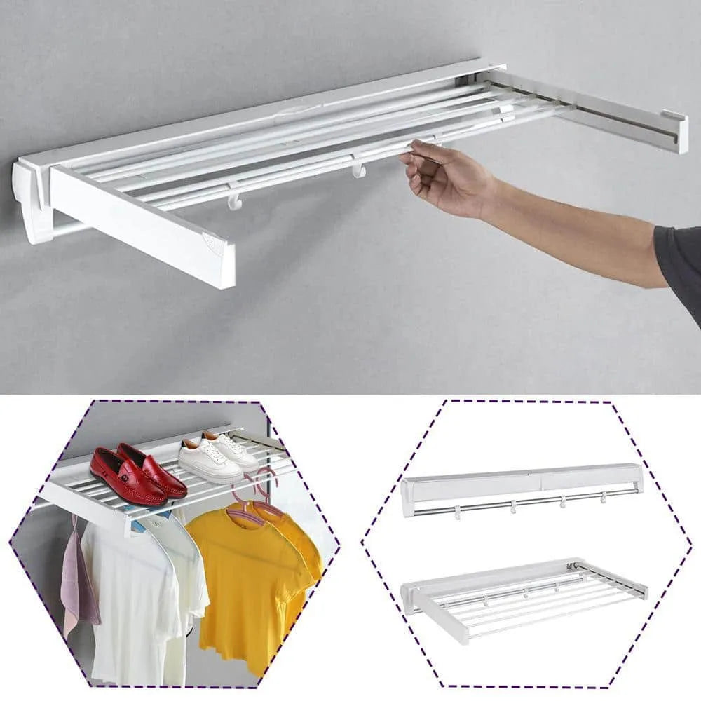 Foldable Wall Mounted Clothes Drying Rack with Hooks - 80cm