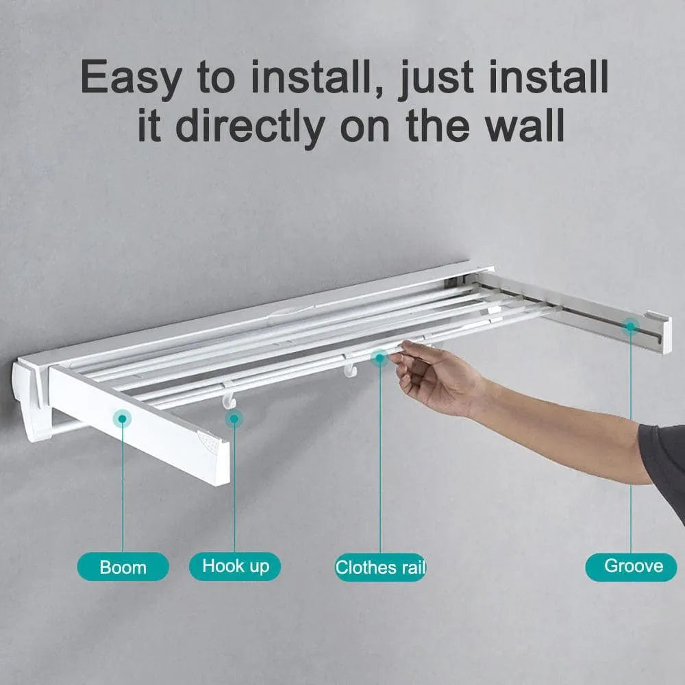 Foldable Wall Mounted Clothes Drying Rack with Hooks - 80cm