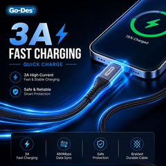 Go-Des GD-UC619 3A USB-A to IP Fast Charging and Data Sync Braided Cable 1M with Reinforced Bionic Connector and Tinned Copper Core