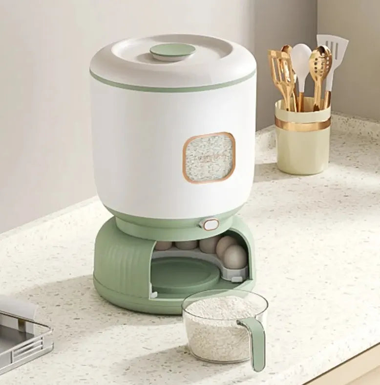 Large 10kg Rice Grain Cereal Dispenser & Storage Container with Rotating Egg Storage & Cup