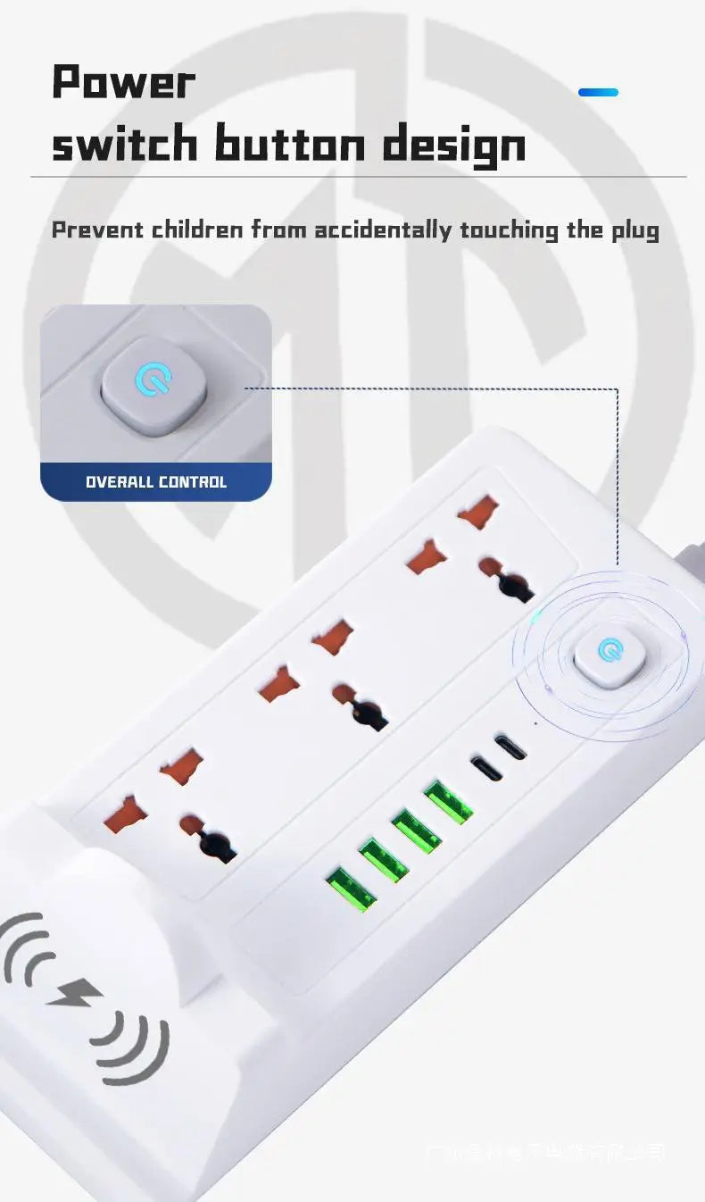تمديدات شريط الطاقة متعددة الوظائف - 3 مقابس طاقة، ومنفذ PD واحد و5 مقابس USB