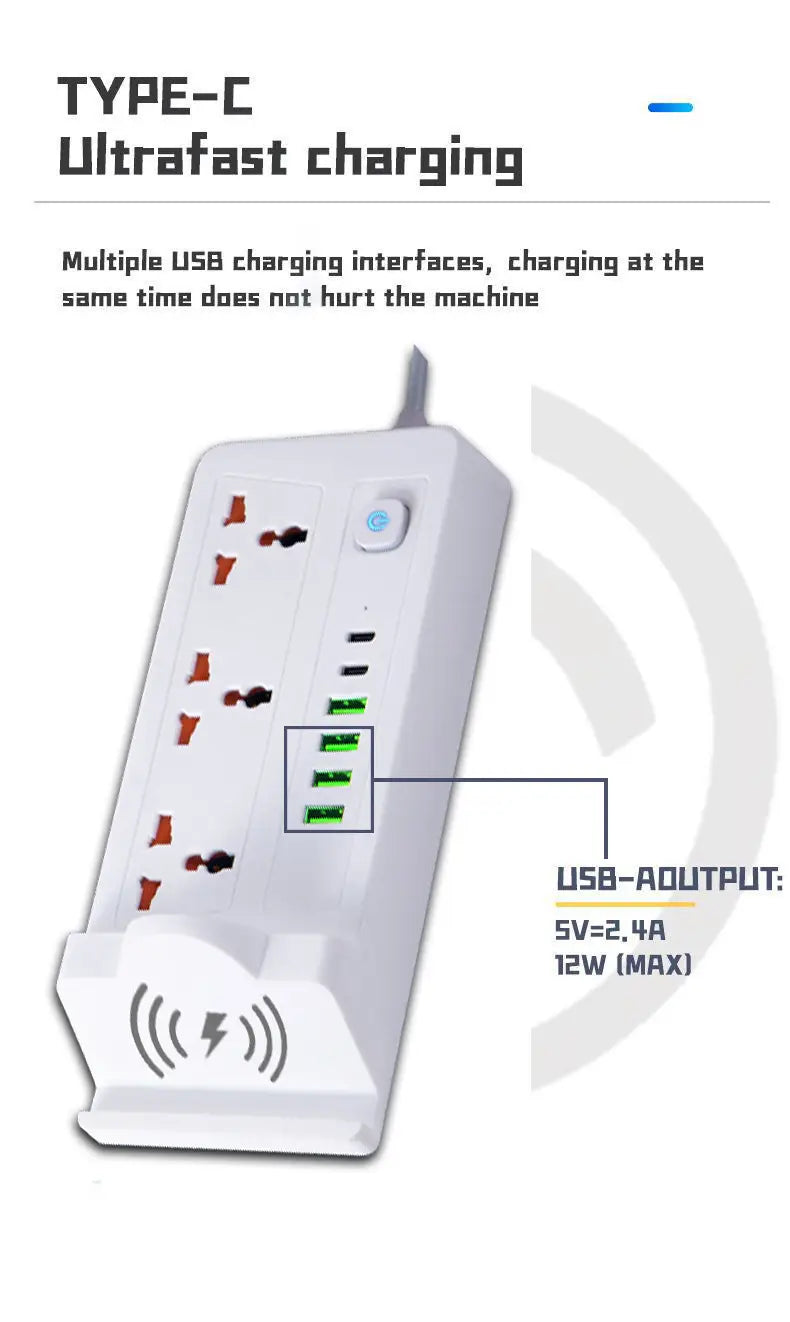 تمديدات شريط الطاقة متعددة الوظائف - 3 مقابس طاقة، ومنفذ PD واحد و5 مقابس USB