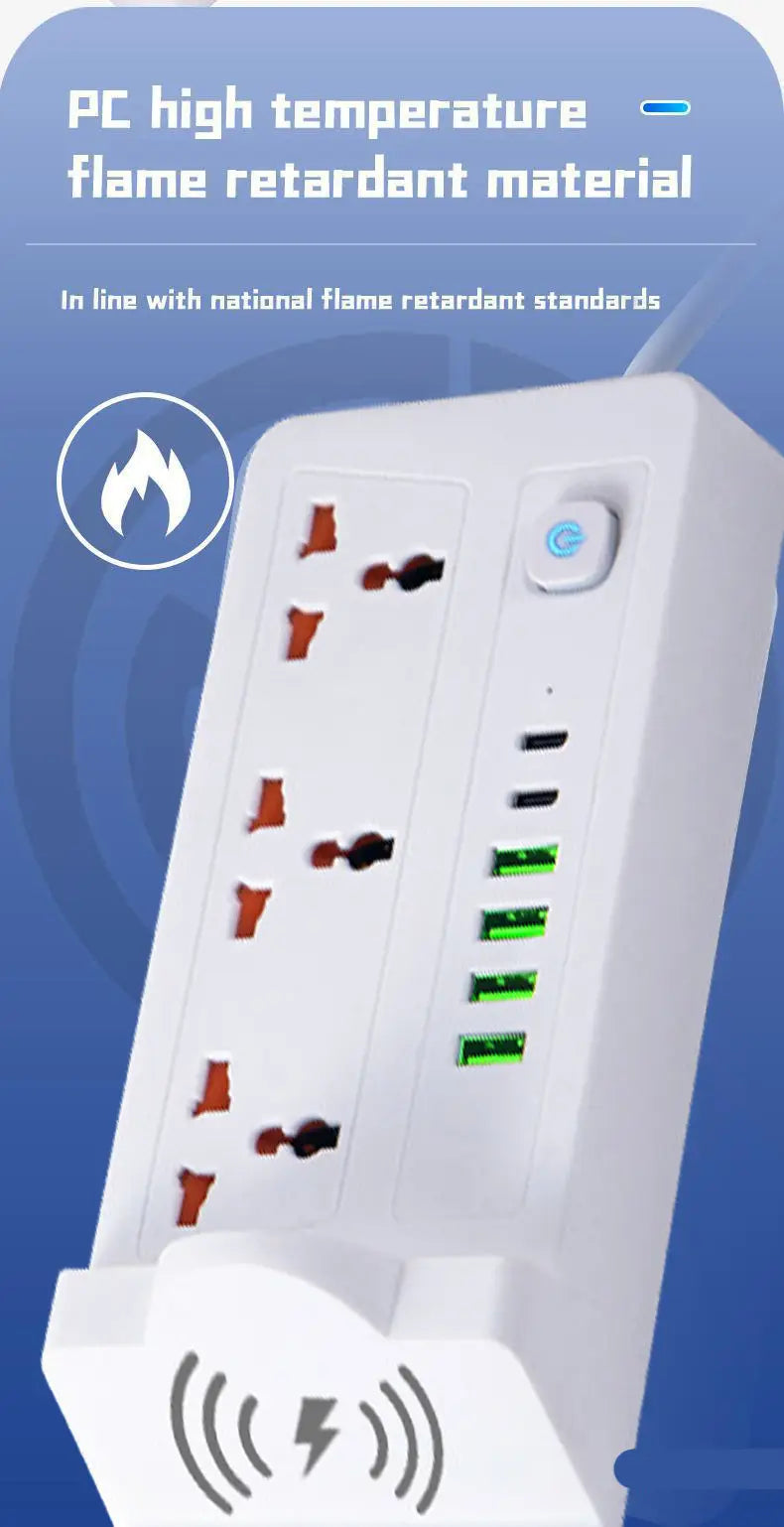 تمديدات شريط الطاقة متعددة الوظائف - 3 مقابس طاقة، ومنفذ PD واحد و5 مقابس USB