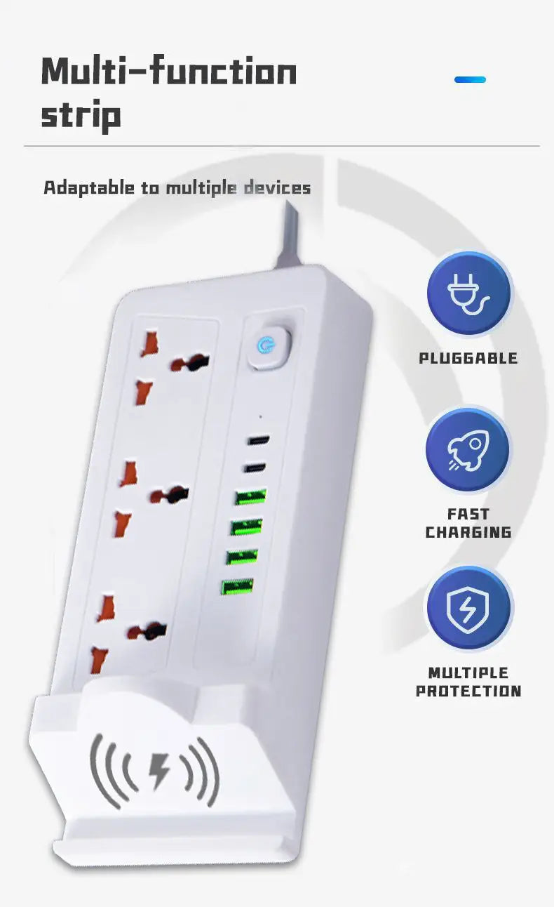 تمديدات شريط الطاقة متعددة الوظائف - 3 مقابس طاقة، ومنفذ PD واحد و5 مقابس USB