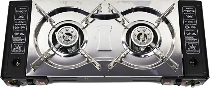 Portable Double Butane Gas Stove for Outdoors with High Heat Output and Windshield for Better Cookin