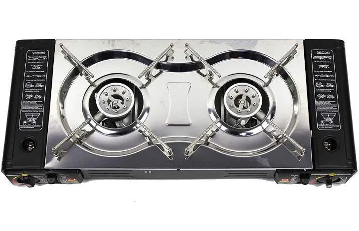 Portable Double Butane Gas Stove for Outdoors with High Heat Output and Windshield for Better Cookin