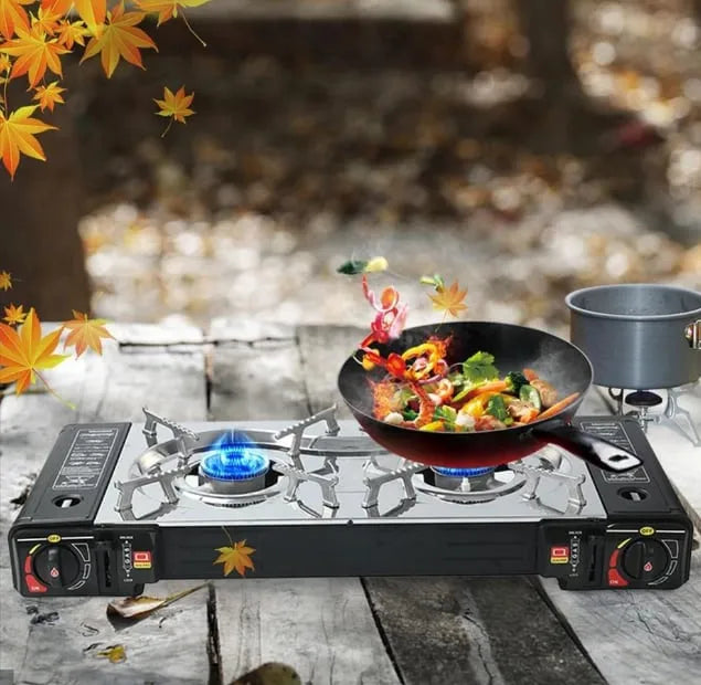 Portable Double Butane Gas Stove for Outdoors with High Heat Output and Windshield for Better Cookin