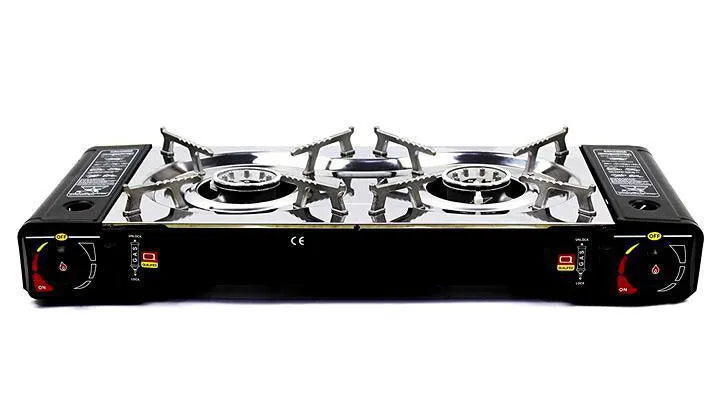 Portable Double Butane Gas Stove for Outdoors with High Heat Output and Windshield for Better Cookin