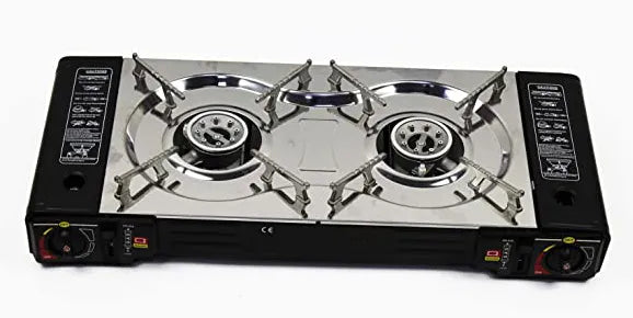 Portable Double Butane Gas Stove for Outdoors with High Heat Output and Windshield for Better Cookin