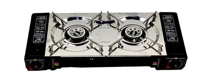 Portable Double Butane Gas Stove for Outdoors with High Heat Output and Windshield for Better Cookin
