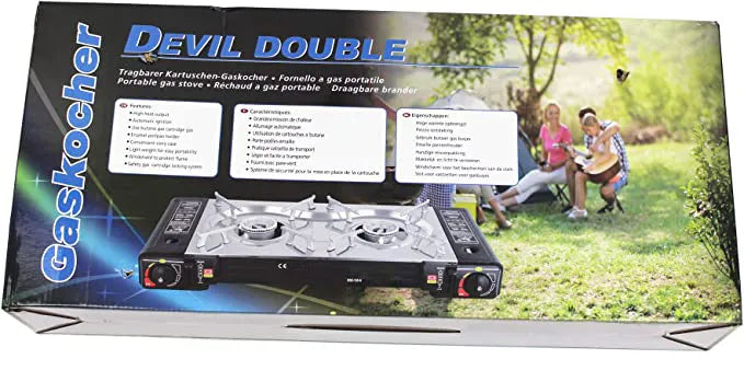 Portable Double Butane Gas Stove for Outdoors with High Heat Output and Windshield for Better Cookin
