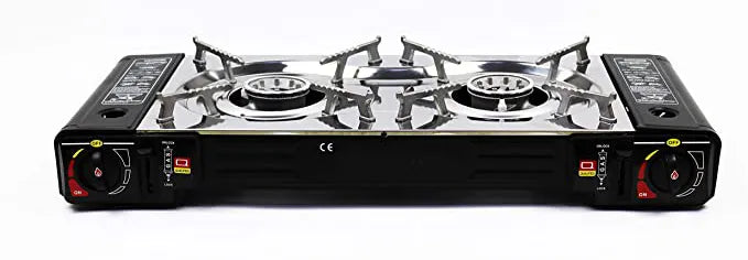 Portable Double Butane Gas Stove for Outdoors with High Heat Output and Windshield for Better Cookin