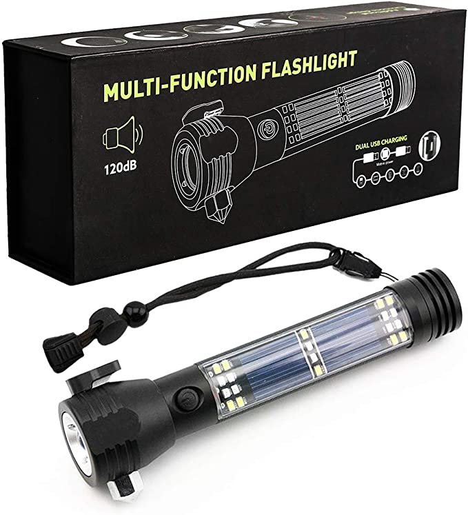Multifunctional Tactical Solar Flashlight for Emergency with Water Resistant Design, Alloy Hammerhea