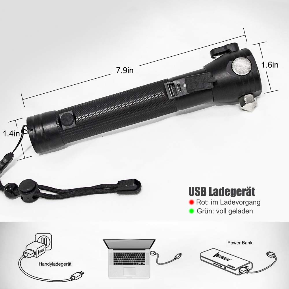 Multifunctional Tactical Solar Flashlight for Emergency with Water Resistant Design, Alloy Hammerhea