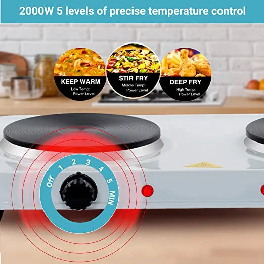 Electric Double Hot Plate Cooking Stove - Cast Iron Hot Plates with Thermostats, Stainless Steel Ho