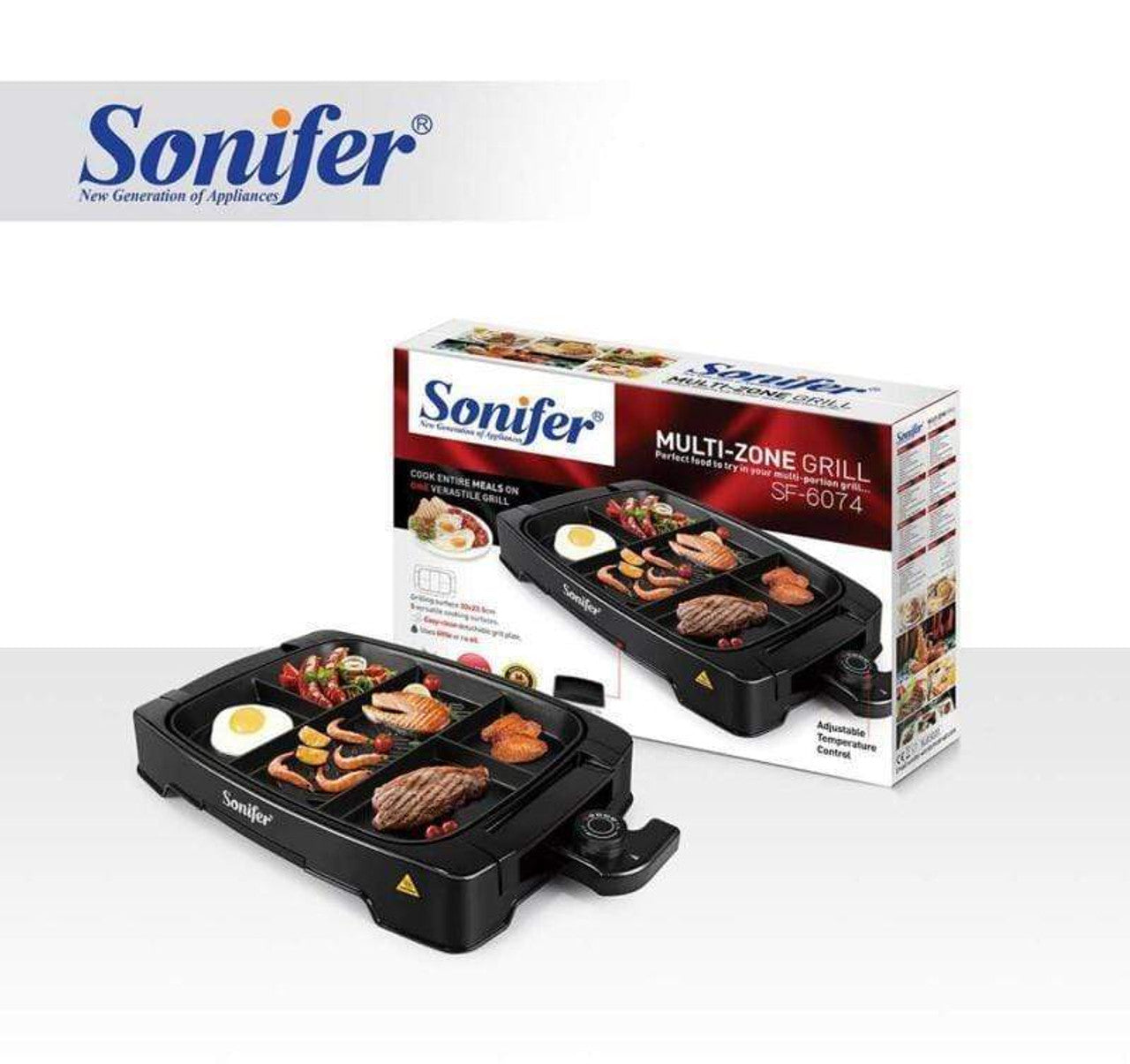 Sonifer Electric Multi Portion Grill with Adjustable Temperature, Non-Stick Coating & Detachable Thermostat - 1500W