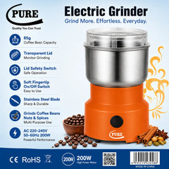 PURE 200W Electric Coffee & Spice Grinder 85g Capacity, Stainless Steel Blade & Cup, One-Touch Multi-Purpose Grinder for Coffee Beans, Spices, Nuts, Grains & Dry Ingredients