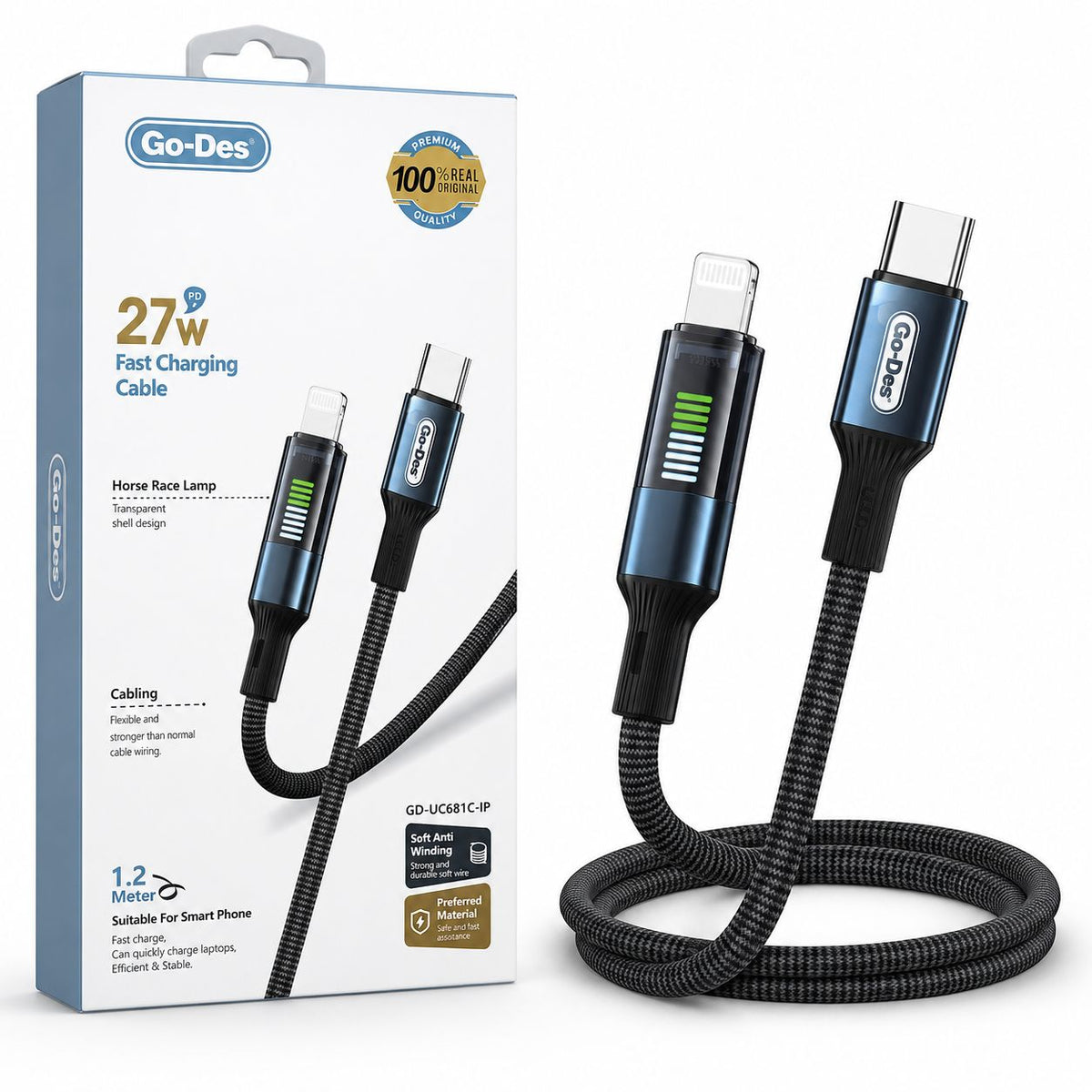 The Go-Des USB-C to Lightning cable supports 27W PD charging and synchronized data transmission. Its 1.2-metre braided construction provides flexible, anti-winding performance for comfortable everyday handling. A transpare