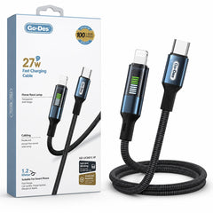 The Go-Des USB-C to Lightning cable supports 27W PD charging and synchronized data transmission. Its 1.2-metre braided construction provides flexible, anti-winding performance for comfortable everyday handling. A transpare