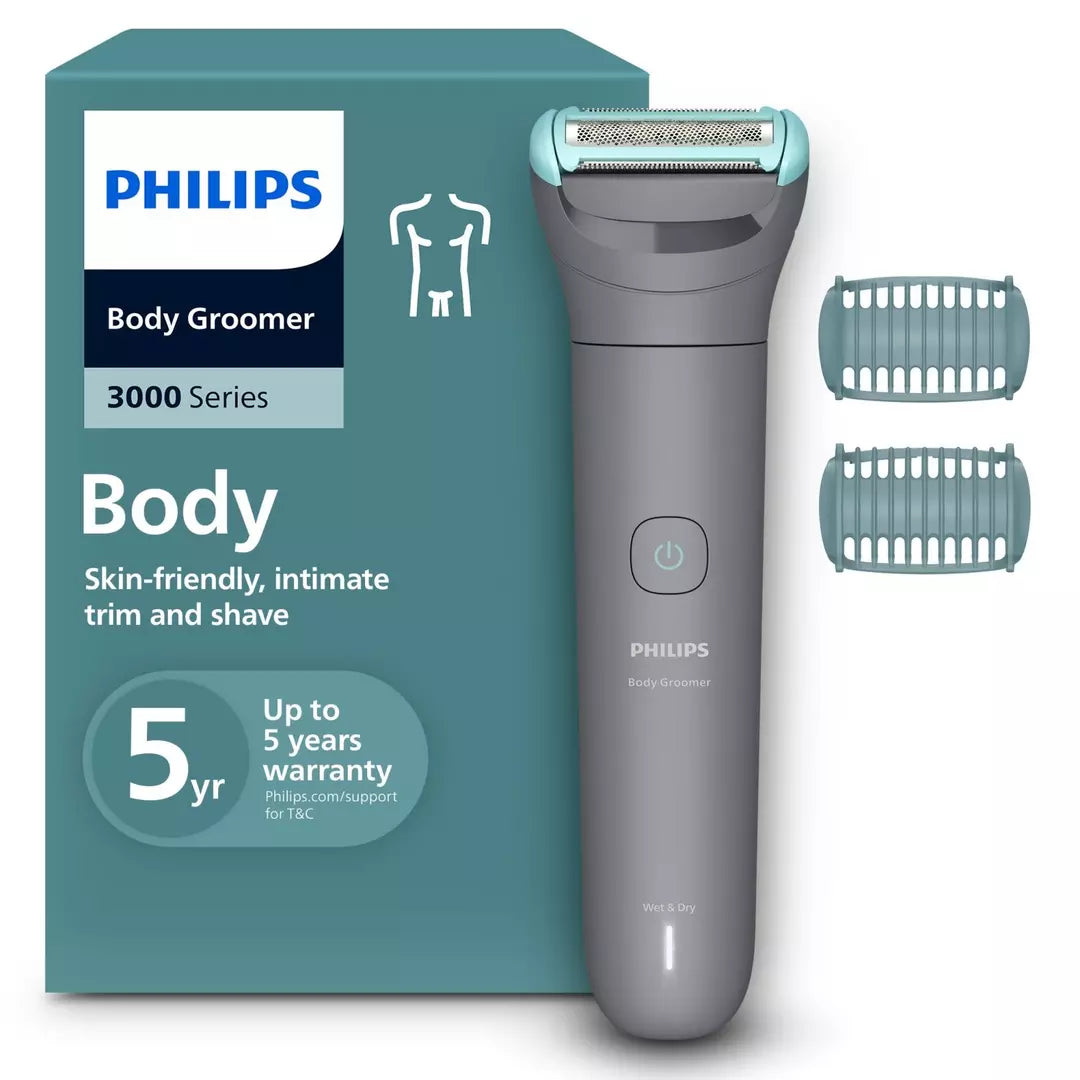 Philips Body Groomer BG3480/15 | تشذيب وحلاقة شعر الجسم | مقاوم للماء بنسبة 100% | لطيف على البشرة | أمشاط 2 و 3 ملم | 80 دقيقة من الاستخدام اللاسلكي | مؤشر البطارية | شحن USB