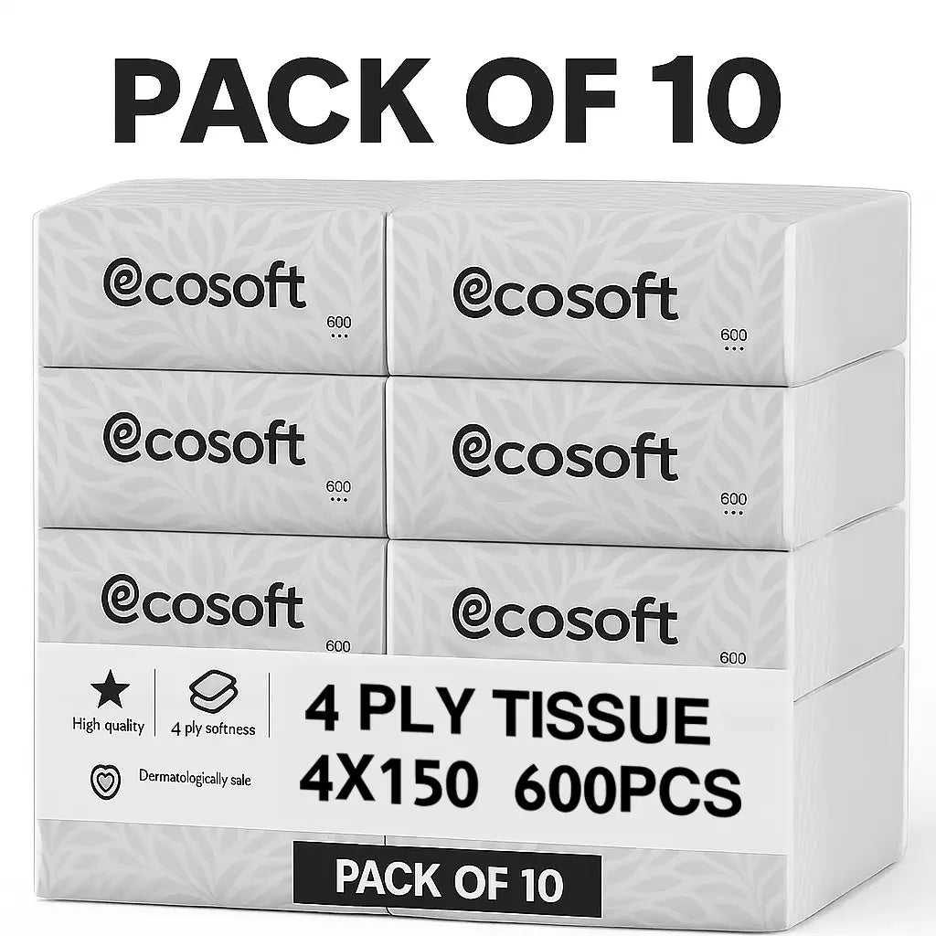 Ecosoft مناديل الوجه الفاخرة 3 طبقات 600 قطعة – فائقة النعومة وآمنة جلدياً وماصة للاستخدام اليومي في المنزل والمكتب وللعائلة - صندوق مفتوح / منتج جديد