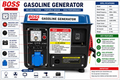 BOSS Lifestyle 950 Portable Gasoline Generator 1.5KW Max Output 220V Petrol Power Generator with Volt Meter DC 12V Battery Charging AC Reset Protection for Home Camping & Outdoor Use