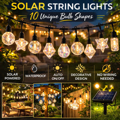 Solar & USB Rechargeable Decorative String Lights 5M Outdoor LED Light Set with 10 Unique Glass Bulb Shapes, 8 Lighting Modes Waterproof Patio Garden Party Hanging Lights with Auto On/Off
