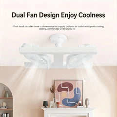 60W Dual Head LED Ceiling Fan Light with RC, 180° Adjustable Airflow, 3 Speeds, 3000–6500K Dimmable Lighting, 2H/4H Timer, Memory Function & E27 Socket