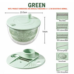 8-in-1 Manual Salad Spinner & Vegetable Slicer with 6 Interchangeable Stainless Steel Blades, 1.5MM/3MM Slicing, 3MM/5MM Julienne Shredding, Wavy Cutter, Juicer/Grater, Quick Stop Button, Drain Basket & Multi-Purpose Mixing Bowl