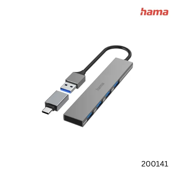Hama USB Hub, 4 Ports, USB 3.2 Gen 1, 5 Gbit / s, Ultra-Slim, incl. USB-C Adapter