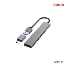 Hama USB Hub, 4 Ports, USB 3.2 Gen 1, 5 Gbit / s, Ultra-Slim, incl. USB-C Adapter
