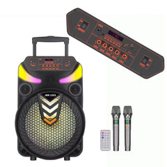 15 Inch Portable Rechargeable Bluetooth Party Speaker with 1700W Peak Music Power, RGB LED Lights, 2 Wireless Microphones, RC, TWS, USB, AUX, TF Card, MP3 Playback & Karaoke Function