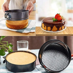3-Piece Carbon Steel Springform Cake Mould Set with Removable Bases & Quick-Release Buckles – Round, Square & Heart Shape