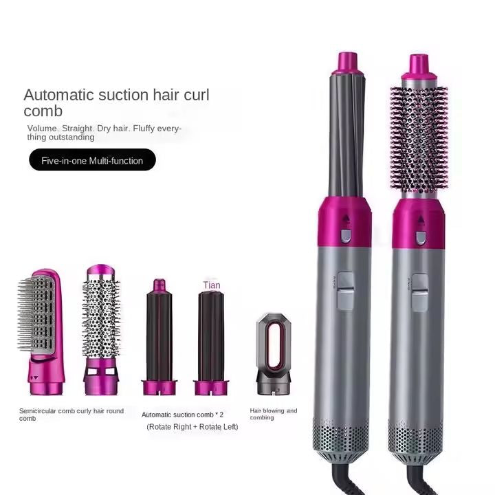 1000W 5-in-1 Hot Air Brush Hair Styler Set with 4 Styling Attachments, 30mm Spiral Curler, Blower, Curler Brush, Multi-Function Brush, 3 Heat Settings & UK Plug