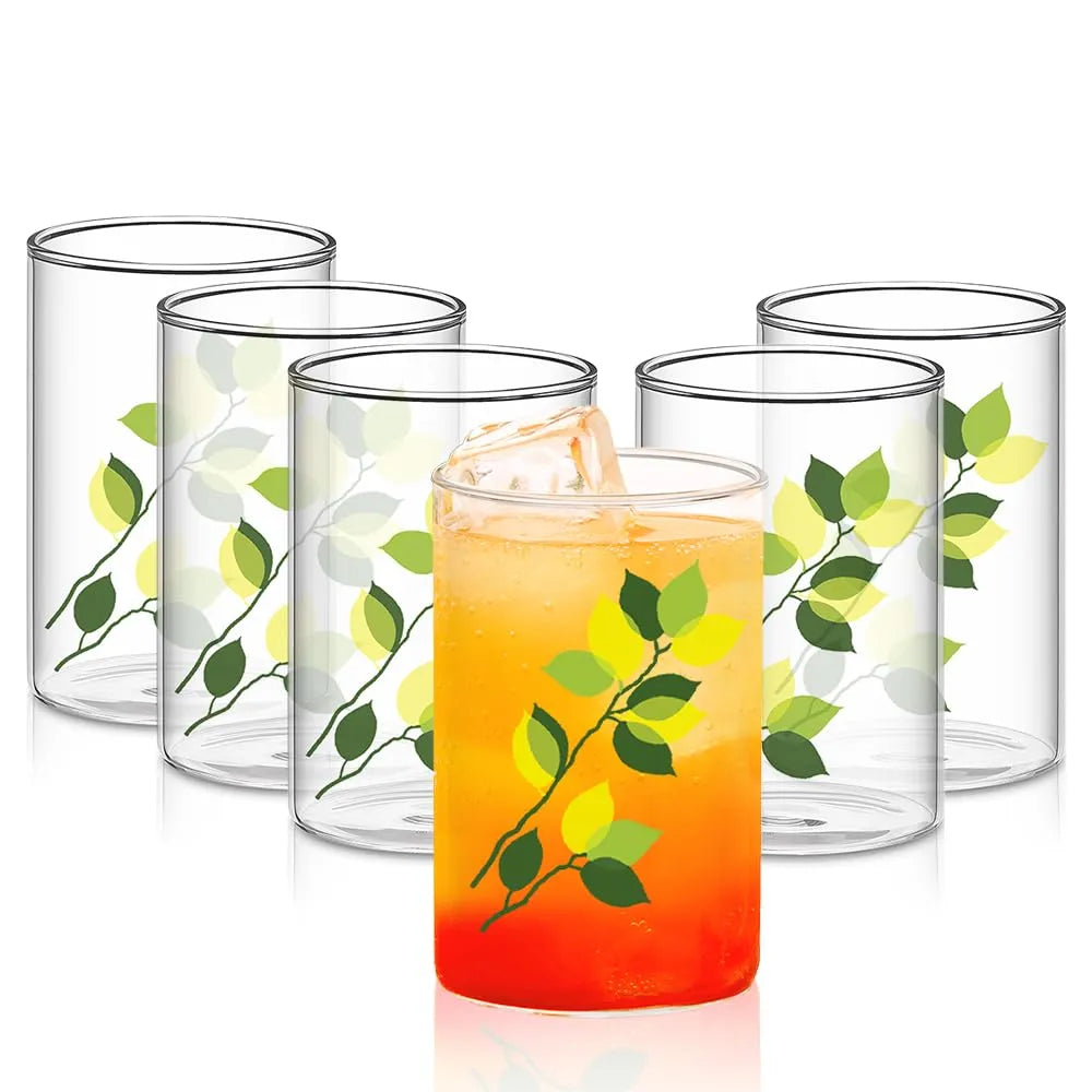 Vision Designer Green Leaves Borosilicate Glass Bowl Set of 6 – 295 ml Medium Transparent Microwave & Oven Safe Non-Porous Glassware