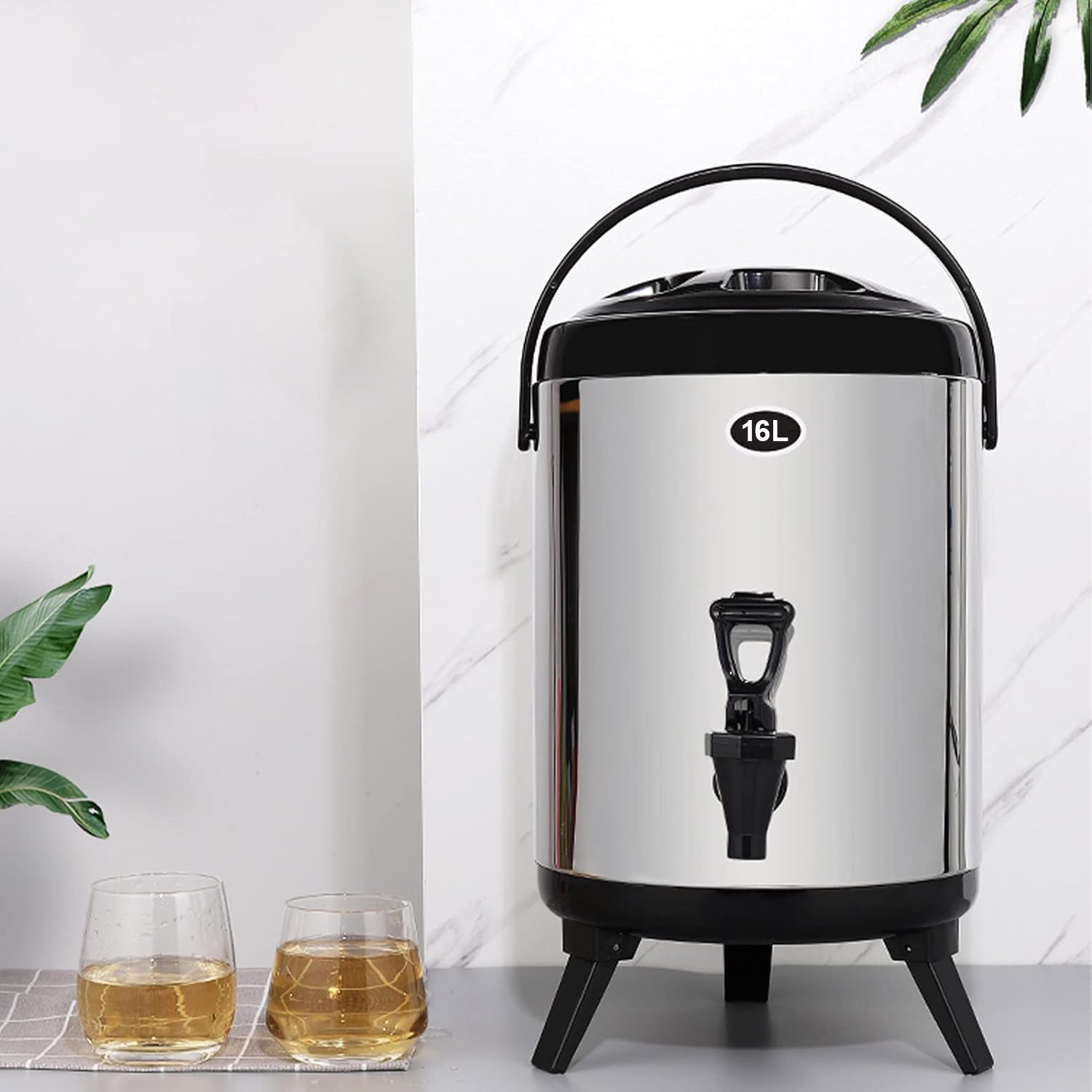 Portable St. Steel Insulated Beverage Dispenser Flask Bucket with Tap & Elevated Base - 16L