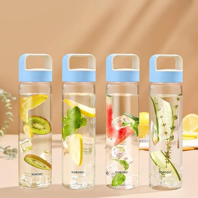 Borosil Neo 550ml Borosilicate Glass Water Bottle with Leakproof Airtight Lid, Fridge Safe Wide Mouth Clear Bottle