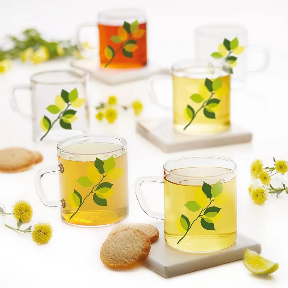 Borosil Vision Classic Borosilicate Glass Tea & Coffee Mug Set of 6 - 190ml |  Microwave Safe Transparent Green Leaves Design