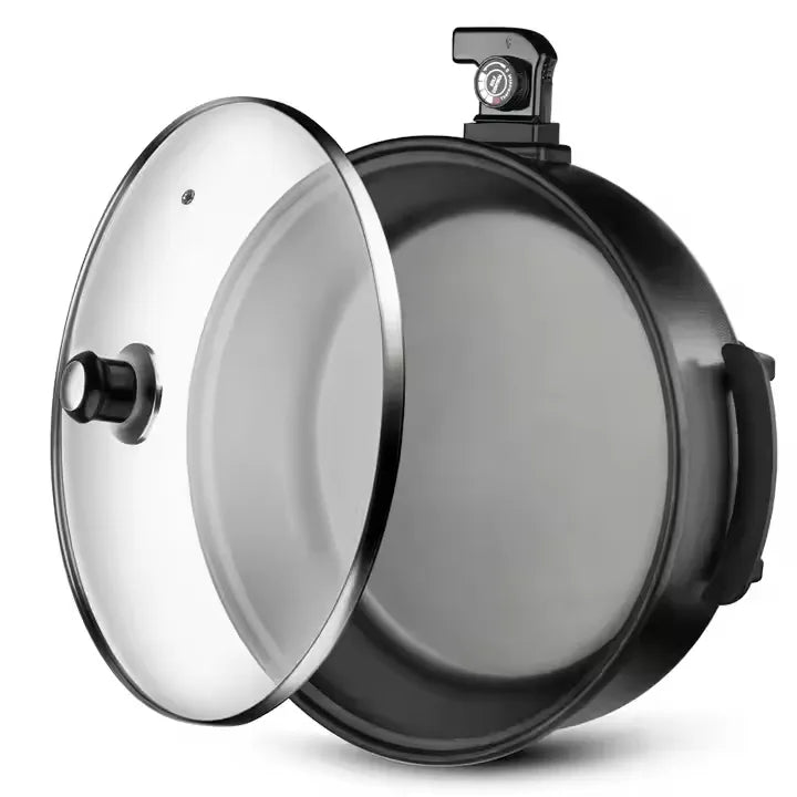 Large 42cm Electric Pizza Pan with 9cm Depth, Non-Stick Coating, Adjustable Thermostat & Glass Lid