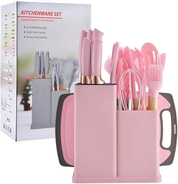 Premium 19-Piece Silicone Kitchenware & Knife Set with Cutting Board & Holding Stand