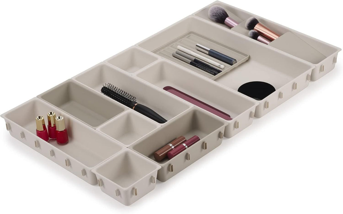 12-Piece Large Modular Makeup Drawer Organiser Set with Customizable Interlocking Compartments, Tiered Brush Holder, Pencil Tray & Non-Slip Feet, 62 × 35.2 × 5 CM