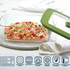 Borosil Rectangular Borosilicate Glass Storage and Baking Dish with Green Lid 2.6L Microwave Oven Freezer Safe Container