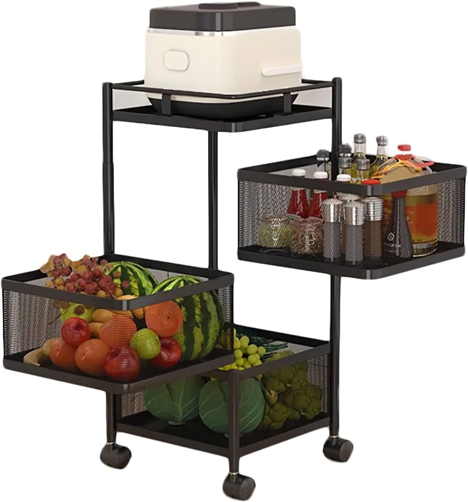 Multi Layer Square Metal Kitchen Storage Rack with Rotating Shelves & Wheels