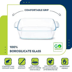 Borosil Square Borosilicate Glass Baking and Serving Dish with Handles, Microwave Oven Safe Heat Resistant Cookware