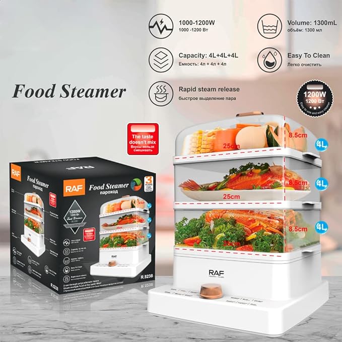 RAF 1200W 3-Tier Electric Food Steamer with 12L Capacity & Rapid Steam Release