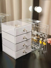 Luxury Acrylic Jewelry Organizer Box with 4 Velvet Drawers & 2 Side Hanging Sections, Dustproof Multi-Compartment Necklace, Ring, Bracelet & Watch Storage Case, Clear Display Jewelry Holder (21×13×18 CM)