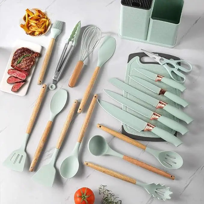 Premium 19-Piece Silicone Kitchenware & Knife Set with Cutting Board & Holding Stand